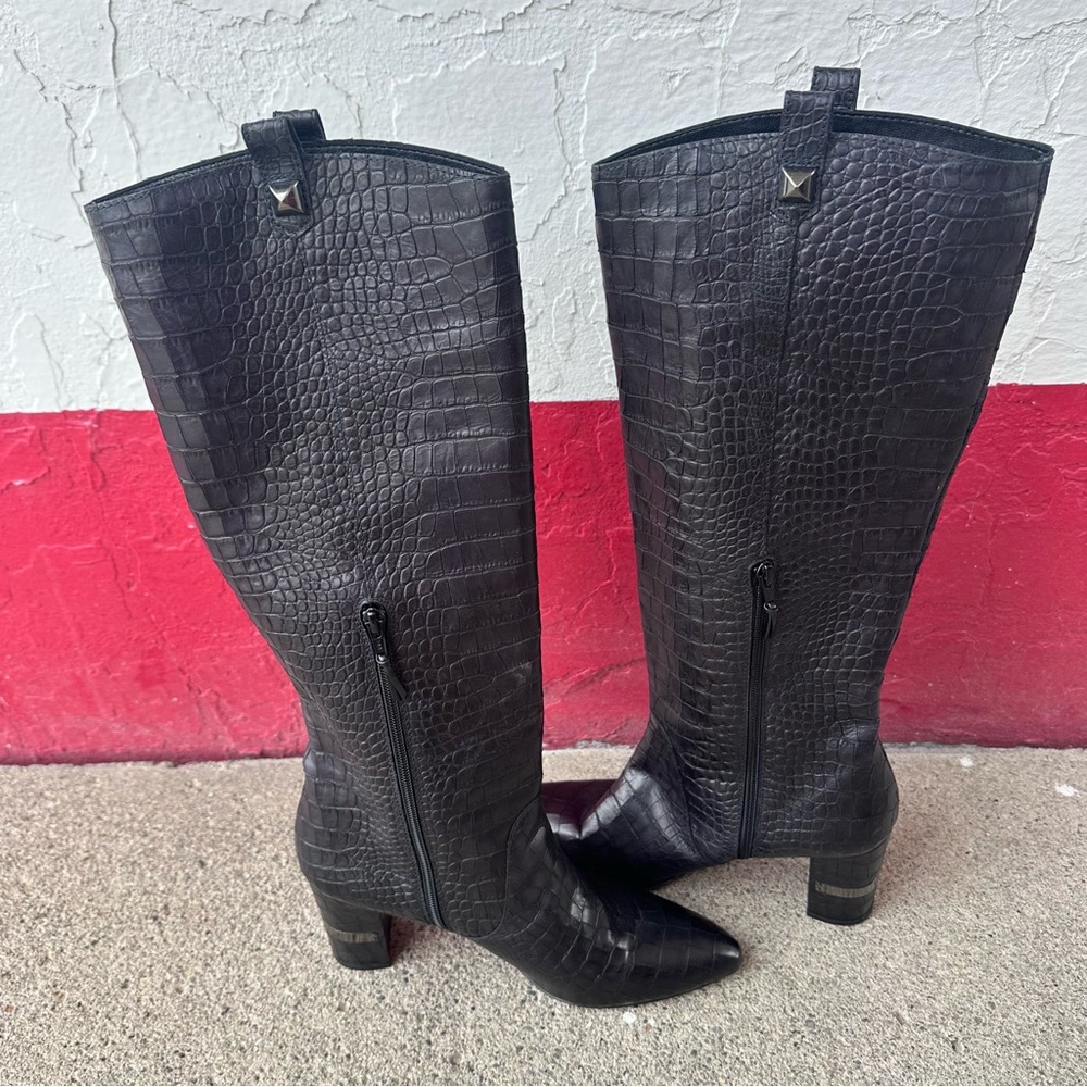 Stuart Weitzman Mid Calf Heeled Boots Croc Leather Studded Women 10.5 - Picture 4 of 8